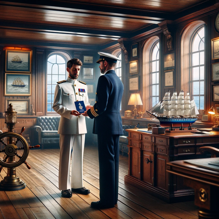 "Ceremony in Poland where a sailor is handed a blue seafarer's passport
