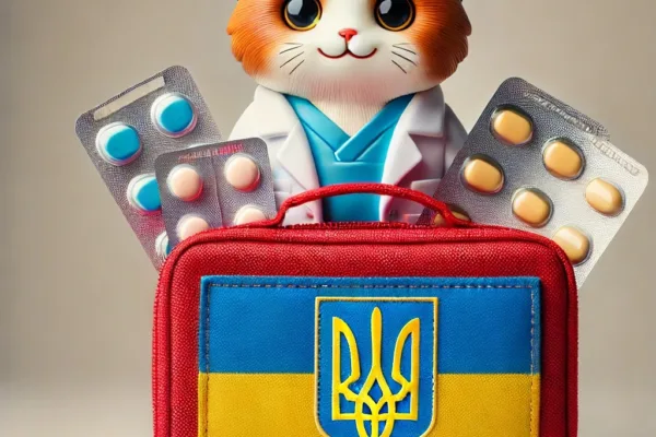 Аптечка в дорогу: что важно знать и список лекарств Фигурка кота, одетого как врач, стоит за красно-синей аптечкой с украинским гербом, рядом с которой лежат блистеры с таблетками и стетоскопы.