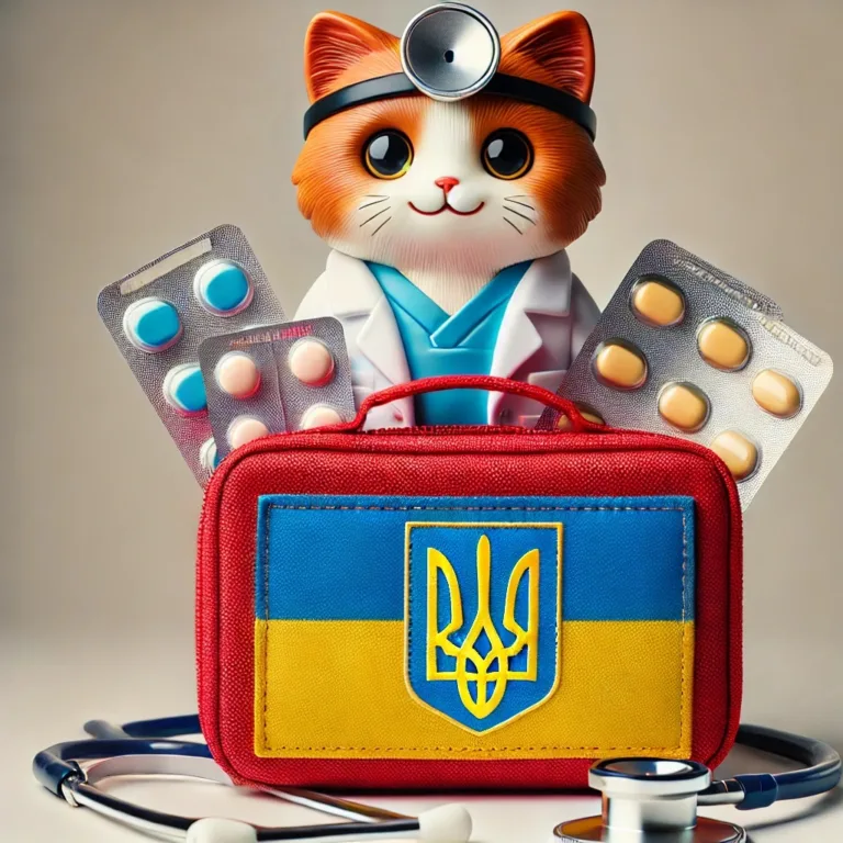 Фигурка кота, одетого как врач, стоит за красно-синей аптечкой с украинским гербом, рядом с которой лежат блистеры с таблетками и стетоскопы.