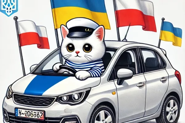 кот на машине польский флаг украинский флаг