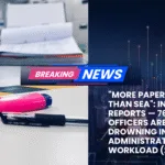 Рабочий стол на судне с документами, маркером и ручкой на фоне заголовка «More paperwork than sea: 76% of ship officers are drowning in administrative workload».